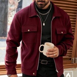 Manfinity Men's Casual Solid Color Short Style Jacket, Autumn,Red Winter Men
